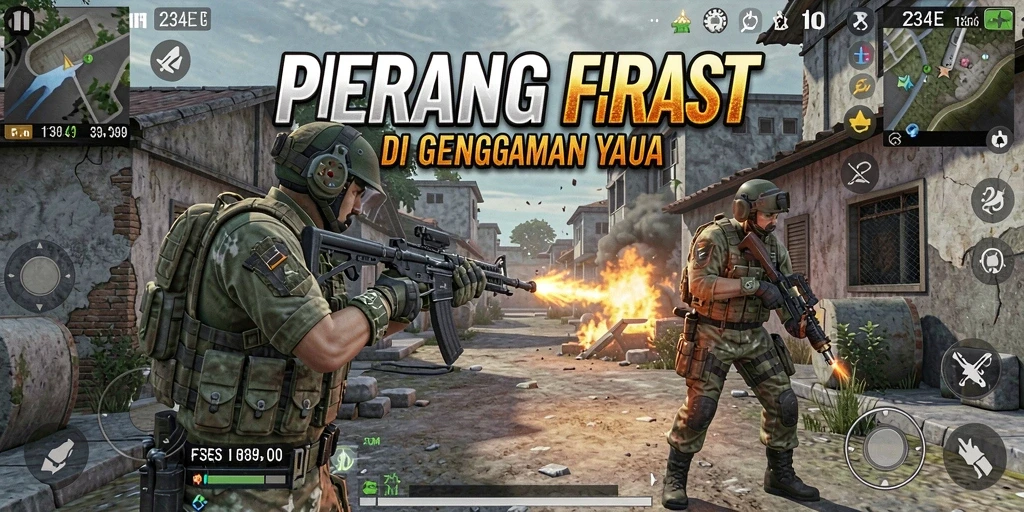 Screenshot permainan 234E menampilkan aksi perang FPS yang mendebarkan.