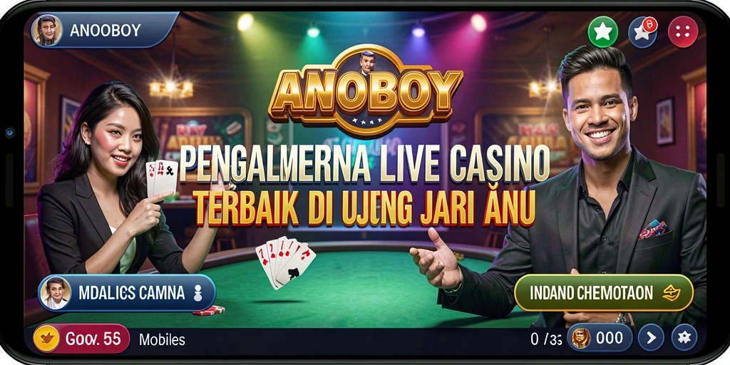 Screenshot gameplay ANOBOY menampilkan dealer yang ramah dan permainan menarik.