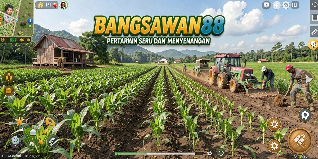 Screenshot gameplay BANGSAWAN88 menampilkan ladang yang subur dan penuh aktivitas.