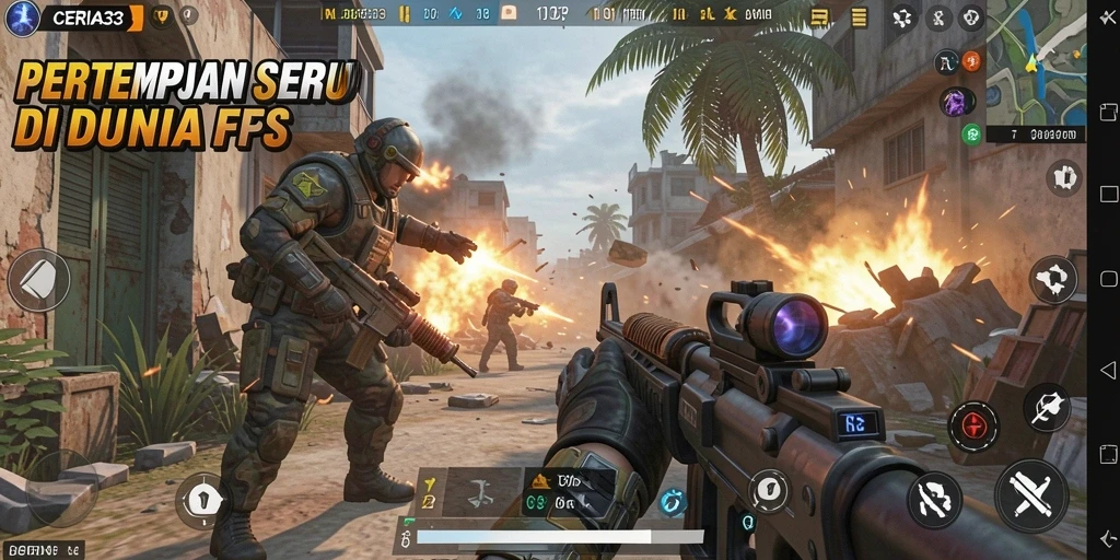 Screenshot gameplay CERIA33 menampilkan aksi seru dalam pertempuran FPS.