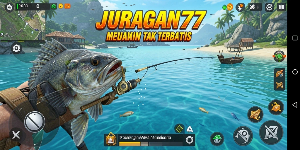 Screenshot gameplay JURAGAN77 menampilkan aksi memancing yang seru.