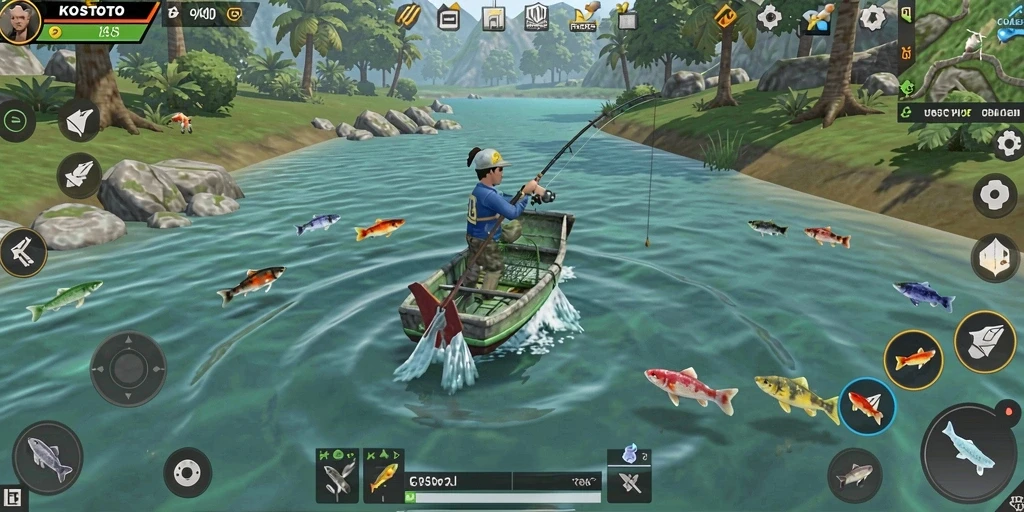 Gameplay seru KOSTOTO saat menangkap ikan di danau.