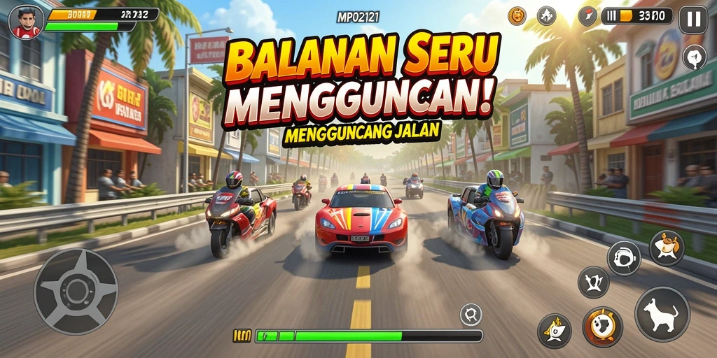 Screenshot gameplay MPO2121 menampilkan aksi balapan yang mendebarkan.