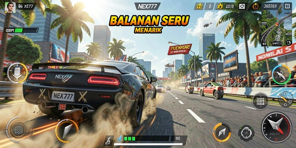 Screenshot gameplay NEX777 yang menunjukkan aksi balapan yang mendebarkan.