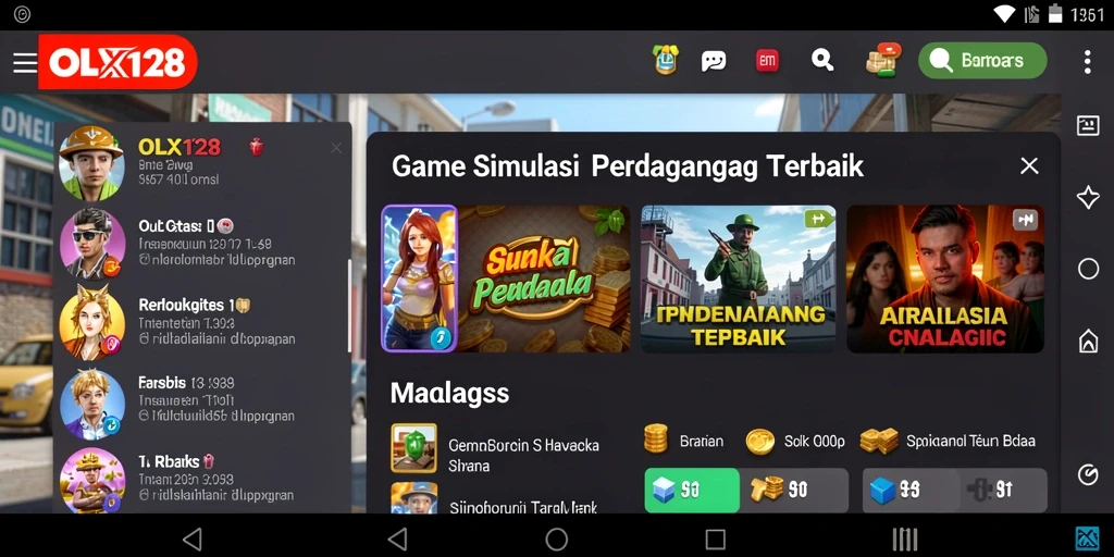 Screenshot gameplay OLX128 menunjukkan aktivitas perdagangan yang seru.