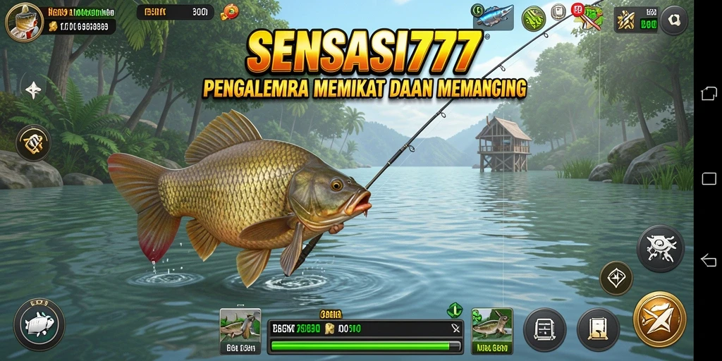 Tampilan gameplay SENSASI777 saat seru memancing di laut.
