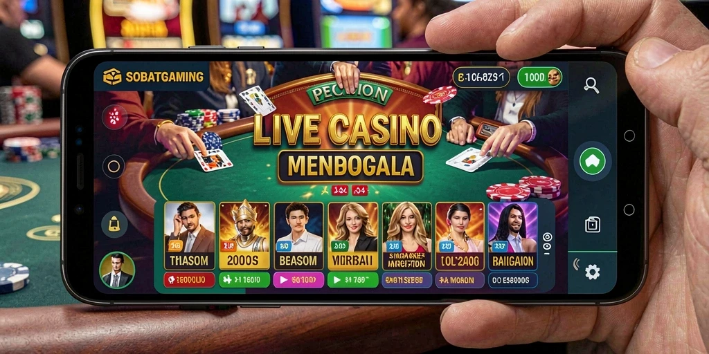Tangkapan layar gameplay SOBATGAMING menampilkan dealer langsung dan meja permainan yang menarik.