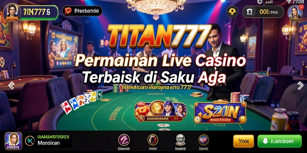 Screenshot gameplay <strong>TITAN777</strong> yang menampilkan dealer dan meja permainan.